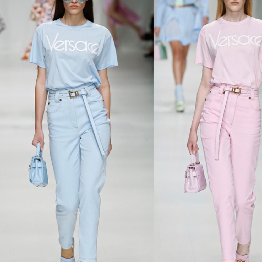 NWOT Versace Baby Blue Spellout Embroidered Tee Shirt Size M/L